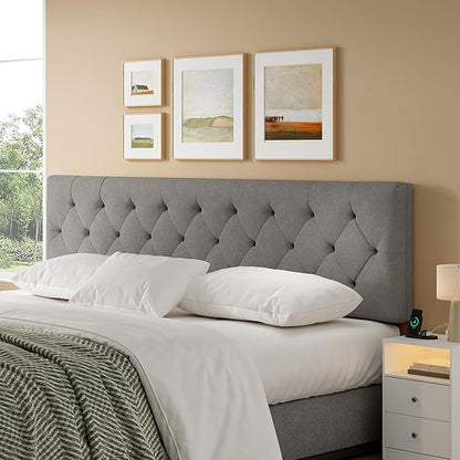 Upholstered Headboard King Size Only for Bed Frame from 65”-78”, Adjustable Height Headboards King with Durable Leg, Fabric Bed Head Board in Modern Button Design, Light Grey