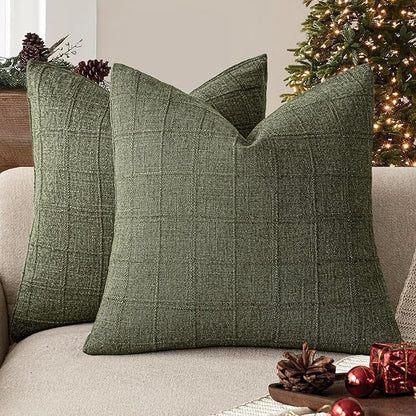 Foindtower Set of 2 Decorative Linen Check Throw Pillow Covers Neutral Farmhouse Vintage Cushion Covers Modern Boho Home Decor for Sofa Chair Couch Bedroom Living Room,18×18 Inch,Olive Green