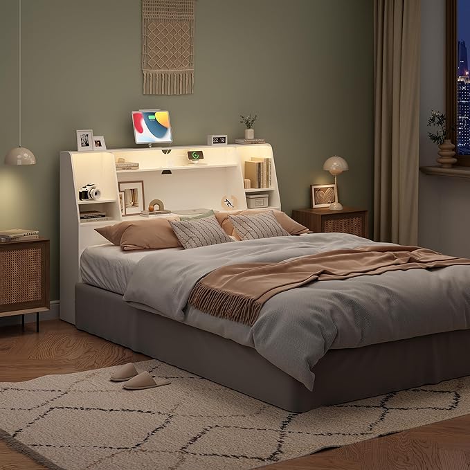Queen/Full Headboard Queen Size with Storage, Wood Bookcase Headboard with Charging Station & 2 LED Lights, Modern Headboard Only for Queen Size Bed, Noise-Free, Sturdy and Durable, White