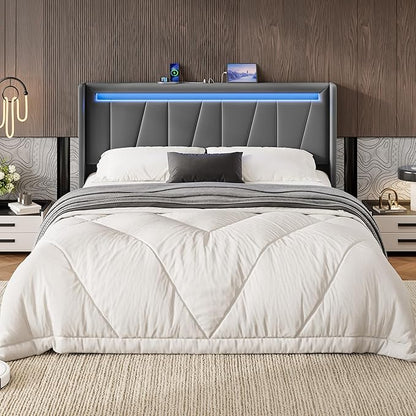 SHA CERLIN Queen Bed Frame with Charging Station and LED Lights, Modern Velvet Platform Bed with Upholstered Geometric Wingback Headboard, No Box Spring Needed, Easy Assembly, Grey