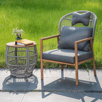 Modern Living Room Chairs, Accent Chairs Set of 2 with Coffee Table, Comfy Arm Chair with Cushions/Headrest, Reading Lounge Chair, Rattan Recliner Seating, Braid Armchair for Bedroom, Grey