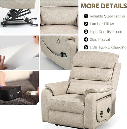 Power Lift Recliners Chairs for Elderly Adults Lay Flat Recliner with Heat & Massage, Wireless Charging Device, USB Ports, Cup Holder, Lumbar Pillow, 400Lbs（Grainy Fibric,Oatmeal）