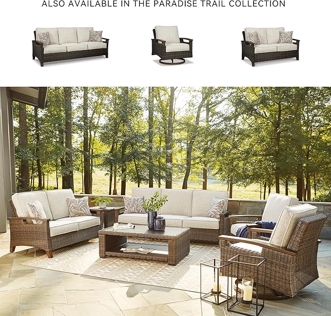 Signature Design by Ashley Paradise Trail Outdoor Loveseat with All Weather Cushions, Nuvella Weather Resistant Fabric, Medium Brown