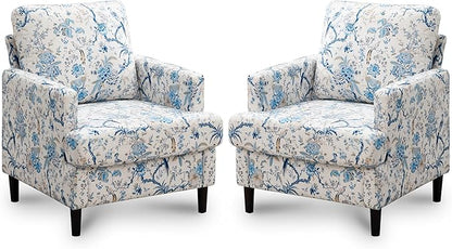 Mid-Century Accent Chair,Modern Linen Fabric Armchair for Living Room,Comfy Upholstered Reading Accent Chairs for Bedroom,Single Sofa Chair with Wood Legs (Blue Flowered Bird, 2 Pack)