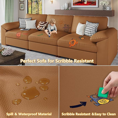 EASE MOOSE Loveseat Sofa for Living Room,Oversized Deep Seat Modular Sectional,Modern Comfy 2 Seater Sofas,Scratch Resistant Faux Leather Couch for Small Spaces, Brown
