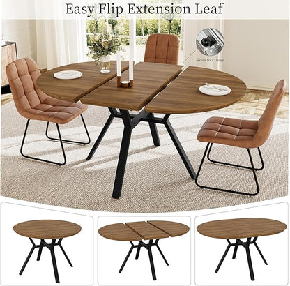 Extendable Round Dining Table Set for 6 People, 43.3"-59.1" Extendable Kitchen Table with 6 Upholstered Chairs, Space Saving for Kitchen Dining Room (Walnut Table+6 U-Shaped Brown Chairs)