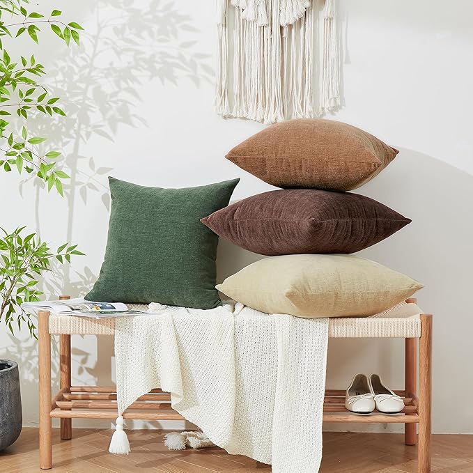 GAWAMAY Decorative Chenille Throw Pillow Covers 24x24 Inch Pack of 2, Soft Square Couch Pillow Cover for Sofa Cushion Living Room Bedroom Solid Dyed Pillowcases Coffee 60x60cm (ONLY Covers)