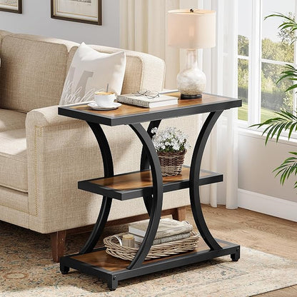 Tribesigns End Table with Storage, 3-Tier Side Table with Geometric Metal Design, Industrial Nightstand for Small Spaces, Living Room, Bedroom, Study Room (2, Rustic Brown)