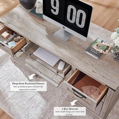 RedLemon 60" Farmhouse Executive Desk, Home Office Desk with Drawers, Charging Station, Keyboard Tray, File Drawer, Storage Cabinet, Wood Rustic Computer Writing Desk (Light Rustic Oak)
