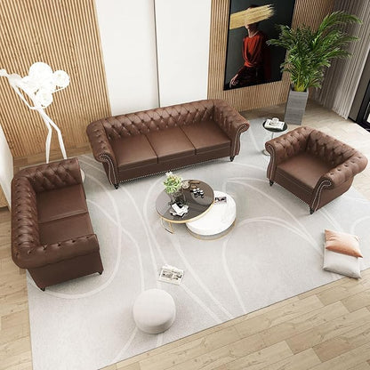 Accent Sofa Chair for Living Room, Modern PU Leather Upholstered Armchair, Oversized Comfy Single Sofa Chair with Cushion, Mid Century Tufted Chesterfield Sofa Couch for Bedroom, Apartment (Brown)