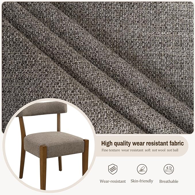 Modern Dining Chairs Set of 2, Walnut Upholstered Kitchen & Dining Room Chairs, Mid Century Wooden Dining Chairs Oversized Sturdy Fabric Rounded Chairs Curved Back, Tan Brown