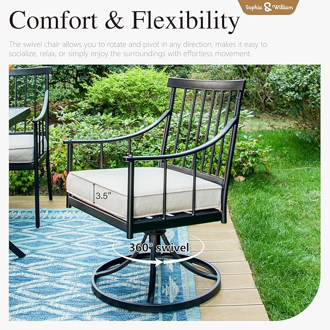 Sophia & William 7 Pcs Patio Furniture Set, Metal Patio Outdoor Dining Set for 6 People, Rectangular Patio Table and Swivel Chairs, Conversation Bistro Set with 1.9?Umbrella Hole & Seat Cushions