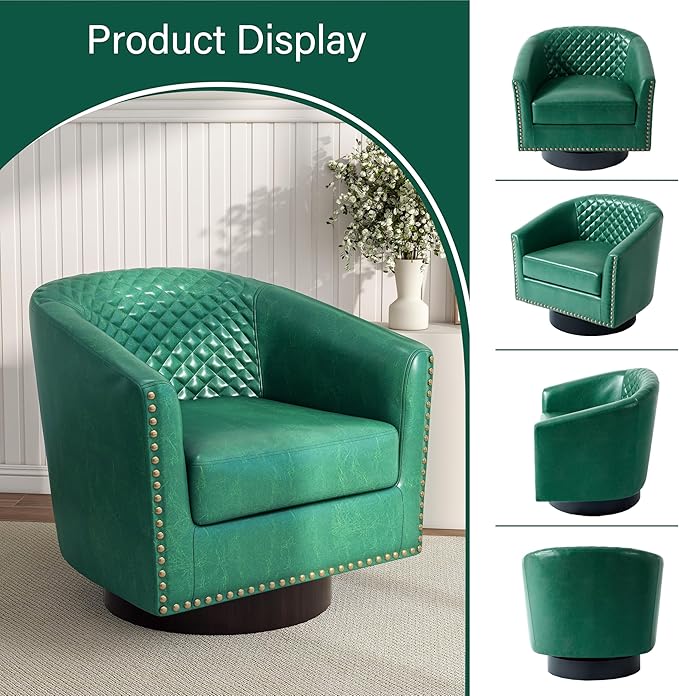 Pia Ricco Faux Leather Swivel Barrel Accent Chairs Set of 2, 360° Swivel Round Single Sofa Chair, Comfy Upholstered Club Armchair with Nailhead Trim for Living Room/Reading Room/Bedroom, Green