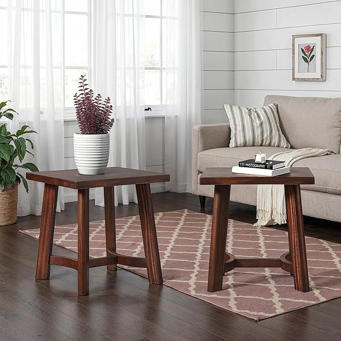 Walker Edison 2-Pack Colt Modern Farmhouse Solid Wood Square Side Tables, 18 Inch, Medium Brown