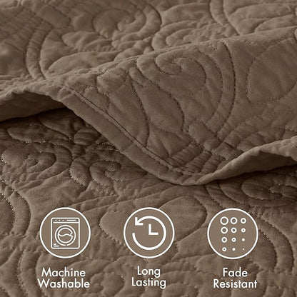 Madison Park Quebec Reversible Damask Design, Double Sided Quilting All Season, Lightweight Coverlet Bedspread Bedding Set, Matching-Shams, King(120"x118"), Mocha