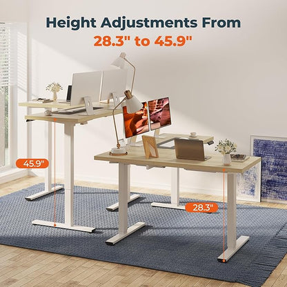 L-Shaped Standing Desk, 63 x 47 Inches Height Adjustable Desk, Sit and Stand up for Work Office Home, Ergonomic Rising Computer Table for Home Office with Splice Board, Maple