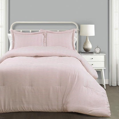 Lush Decor Farmhouse Stripe Reversible Cotton Comforter Set, 3 Piece Set, Full/ Queen, Red - Cozy F𝚊rmhouse Bedding Set - Rustic Decor - Striped Comforter - Modern Farmho𝚞se Bedroom Decor