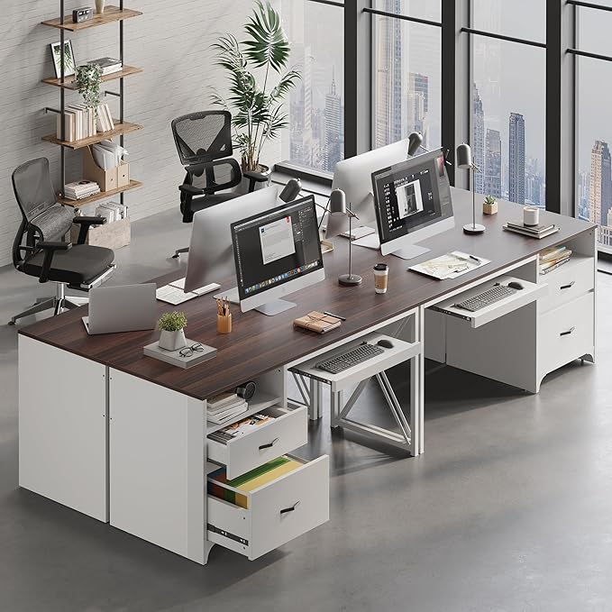 Bestier Office Desk with Drawers, 55 inch Industrial Computer Desk with Storage, Wood Teacher Desk with Keyboard Tray & File Drawer for Home Office, Walnut