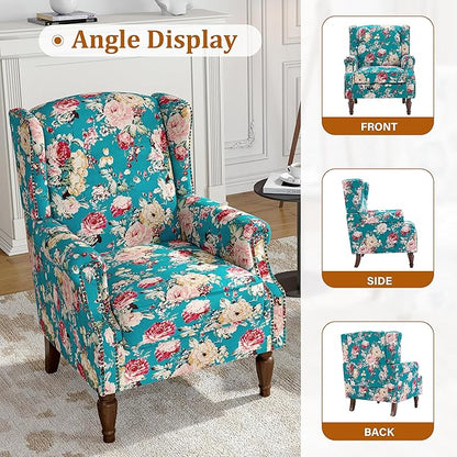 Wingback Accent Chairs Set of 2, High Back Upholstered Armchair, Floral Fabric Wingback Arms Chairs with Retro Solid Wood Legs, Single Sofa Reading Chair for Bedroom Living Room, Peacock Blue