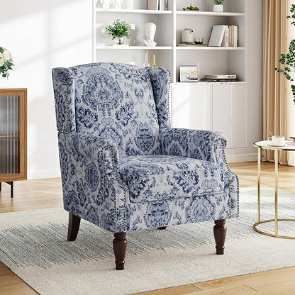 Pia Ricco Set of 2 Floral Accent Chairs, High Back Upholstered Armchairs with Retro Wingback Design, Nailhead Trim & Solid Wood Legs for Living Room Bedroom(Flower Navy)