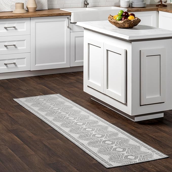 nuLOOM 2' x 10' Outdoor Tribal Geometric Area Rug, Stain Resistant, Weather Resistant, High Traffic, Patio, Balcony, Outside, Ranya Light Grey