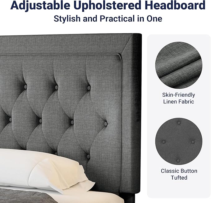 Allewie King Size Fabric Upholstered Bed Frame with Diamond Button Tufted/Adjustable Headboard/Wood Slat Support/Mattress Foundation/Dark Grey