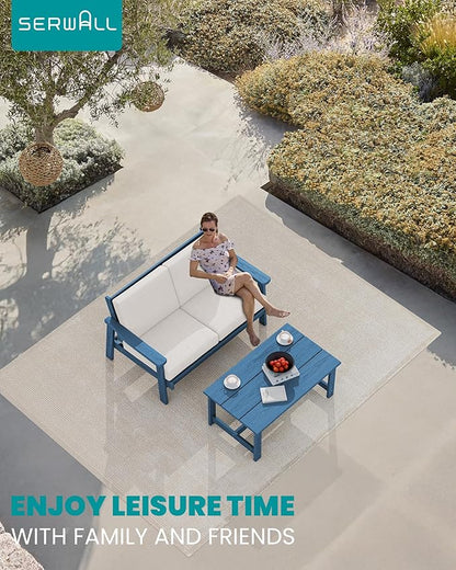 SERWALL HDPE Outdoor Patio Loveseat, Blue Frame and Khaki Cushion