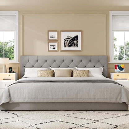 Upholstered Headboard King Size Only for Bed Frame from 65”-78”, Adjustable Height Headboards King with Durable Leg, Fabric Bed Head Board in Modern Button Design, Light Grey
