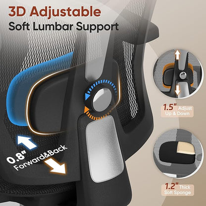 Ergonomic Office Chair with Foot Rest, Home Mesh Desk Chair with Adjustable Lumbar Support, 3D Armrest, 3D Headrest, 90°-135° Lockable Reclining Function, Comfy High Back Swivel Computer Gaming Chairs
