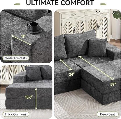 79" Boneless Cloud Loveseat Sofa Couch, Modular Foldable Floor Sofa with Ottoman, Chenille Lounge Convertible Sofa Bed for Living Room, No Assembly, Dark Grey