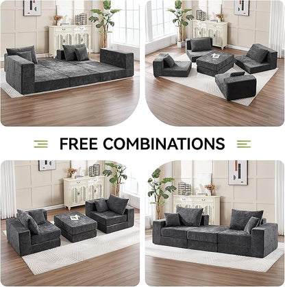 79" Boneless Cloud Loveseat Sofa Couch, Modular Foldable Floor Sofa with Ottoman, Chenille Lounge Convertible Sofa Bed for Living Room, No Assembly, Dark Grey