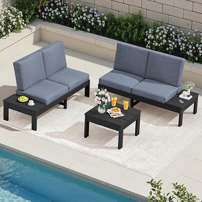 SERWALL HDPE Patio Furniture Set with 15FT Double Side Patio Umbrella, Outdoor Sofa Set, Seats 4, Modular Sectional Couch for Patio, Garden, Backyard, Black Frame with Grey Cushion