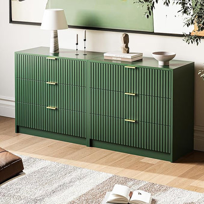 3-Piece Dresser Bedroom Set, 8 Drawer Dresser & 3 Drawer Nightstands with Gold Handles, Fluted Wood Chest of Drawers for Bedroom, Living Room, Entryway, Green