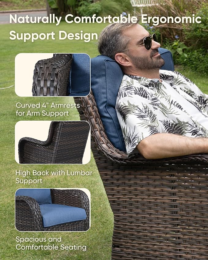 7-Piece Outdoor Wicker Patio Furniture Set with Swivel Glider Chairs, 3-Seat Sofa, Coffee Table & Ottomans 5” Olefin Cushions Ergonomic Neck-Lumbar Backrest All-Weather Rattan for Garden, Deck, Porch