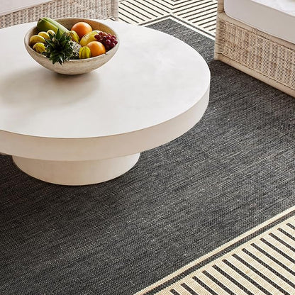 Nuloom Asha Dark Grey/Ivory, 6' 7" Round, Casual, Striped Border, Soft and Cozy, High Traffic, Stain Resistant, Easy Clean, Durable Area Rug for Indoor/Outdoor Patio, Deck, Porch, Garden, Courtyard