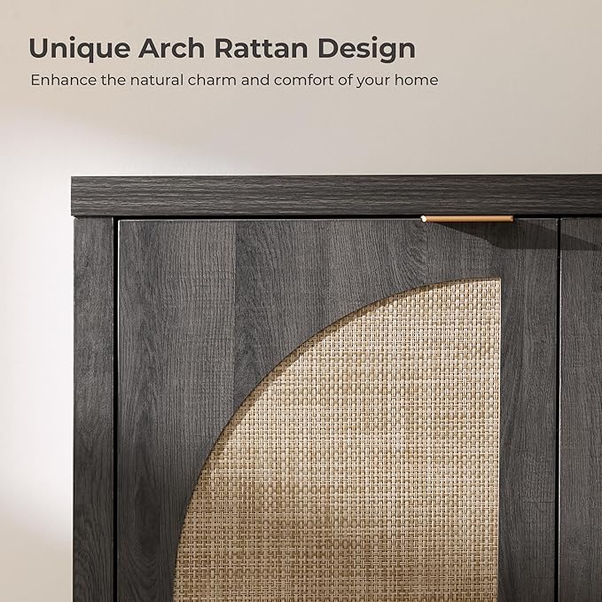 SICOTAS Rattan Sideboard Buffet Cabinet with Storage, Modern Credenza Storage Cabinet with Arch Doors & Adjustable Shelves, Coffee Bar Media Console Cabinets for Kitchen, Living Room, Black Oak