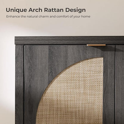 SICOTAS 102"W Rattan Sideboard Buffet Cabinet Set of 3, Modern Credenza Storage Cabinet with Arch Doors & Shelves, Boho Coffee Bar Media Console Cabinets for Kitchen, Living Room, Entryway, Black Oak