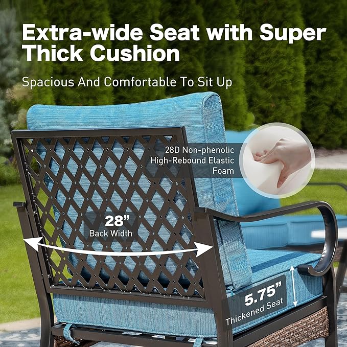 6 Piece Metal Outdoor Patio Furniture Set, Patio Conversation Sets with 3-seater Couch, 4 Single Sofa (5.75" Extra Thick Cushion) & Coffee Table, Black Frame Backyard Furniture, Blue-2
