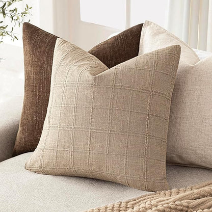 Foindtower Set of 2 Decorative Linen Check Throw Pillow Covers Neutral Farmhouse Vintage Cushion Covers Modern Coastal Boho Home Decor for Sofa Chair Couch Bedroom Living Room,20×20 Inch,Camel