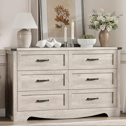 Dresser for Bedroom with 6 Drawers, 54" Wide Wood Chest of Drawers with Deep Drawers & Mental Handle, Modern Dresser TV Stand, Wooden Closet Storage Organizer for Living Room, Hallway, Entryway, Grey