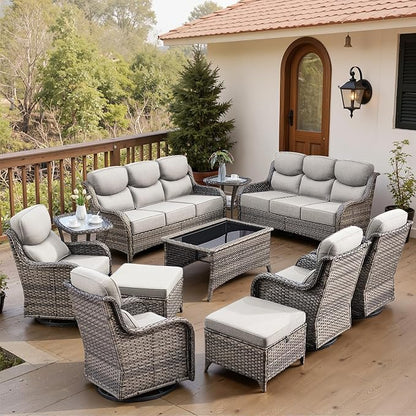 Belord Luxury 6" Thick Cushioned 11 Pieces Patio Furniture Set with Outdoor Couch, Wicker Outdoor Conversation Set with High Back Swivel Rocker Chairs for Deck Porch Yard and Poolside - Grey+Beige