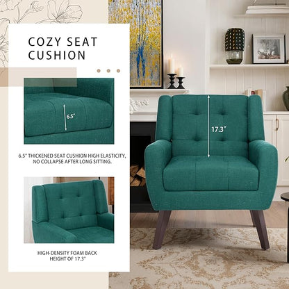 Accent Chairs Set of 4, Mid-Century Modern Upholstered Armchair, Comfy Fabric Living Room Chairs Reading Chairs with Button Tufted Back & Solid Wood Legs for Bedroom, Office, Light Blue