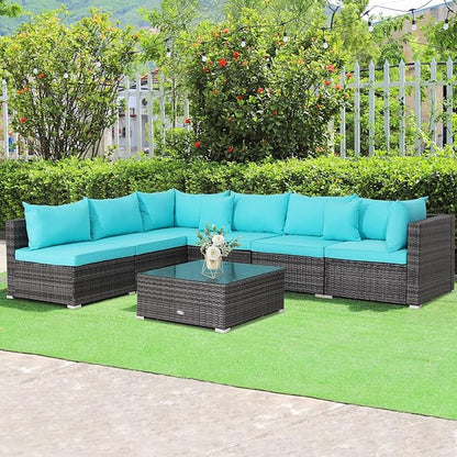 Tangkula 7 Pieces Patio Furniture Set, Patiojoy All-Weather Outdoor Rattan Sectional Sofa Set with Cushions and Tempered Glass Coffee Table, for Garden, Lawn, Backyard (Turquoise)