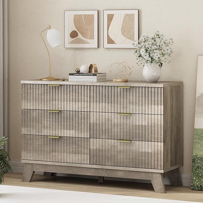 Fluted Dresser for Bedroom with 6 Drawers, 48" Wide Modern Chest of Drawers with Metal Handle, Wooden Dresser TV Stand, Wood Closet Clothes Storage Organizer for Living Room, Hallway, Grey