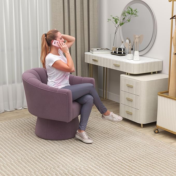 Swivel Accent Chair,Upholstered Velvet 360° Swivel Barrel Chair for Living Room Overstuffed Bouncle Reading Chair Round Armchair for Bedroom,Vanity,Office(Purple)