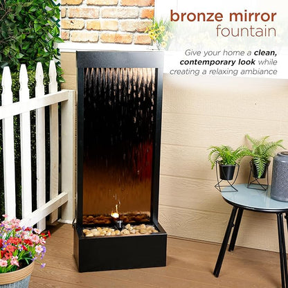 Alpine Corporation - Mirror Waterfall Fountain with Stones & Lights - Zen Indoor/Outdoor Decor for Office, Living Room, Patio, Entryway - 48 Inches (Bronze)