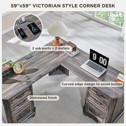 T4TREAM 59" L Shaped Executive Desk with Drawers,Farmhouse Wood Computer Desk, Featuring Charging Station,File Drawer, Storage Cabinet,for Home Office Work and Study (Dark Rustic Oak)