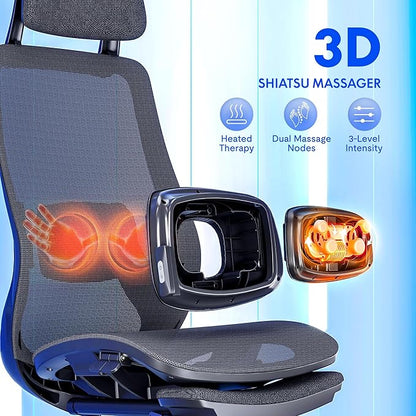 FLEXISPOT MasterEase Massage Office Chair, High Back Ergonomic Desk Chair with Adjustable Headrest, 3D Armrests, 2D Lumbar Heated Massage, 4-Position Recline, Foam Seat, Black