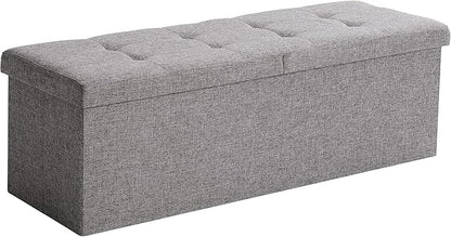 Cuyoca 45.3 Inches Foldable Seat Footrest Shoe Bench End of Bed Storage with Flipping Lid, 166L Upholstered Tufted Bench, Linen Fabric Grey