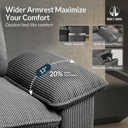 HERA'S HOUSE 88" Modular Sectional Sofa, Loveseat Couches for Living Room, Comfy Cloud Couch 2-Seater Deep Seat Sofa with Throw Pillow, Corduroy Grey